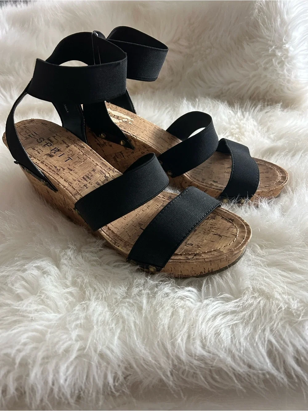 Esprit Black Elastic-Strap Cork Wedge Sandals with Ankle Wrap
